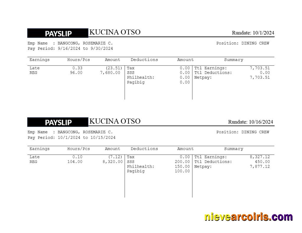 Kusina Otso restaurant payslip